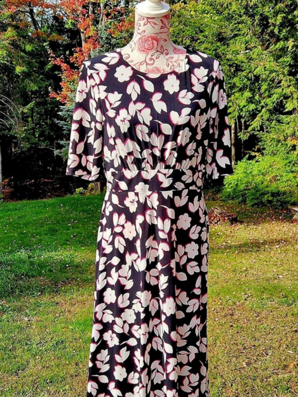 London Times Floral Midi Dress Black & Pink Size 12